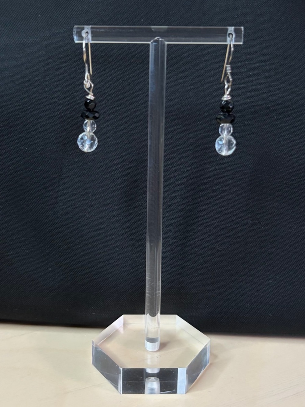 Sterling Silver Onyx and Crystal Artisan Hand Crafted Dangle Earrings - Picture 7 of 7